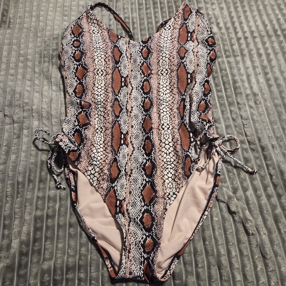 Kona Sol Snakeskin Animal Print One Piece Bathing Suit L Crisscross Back Brown